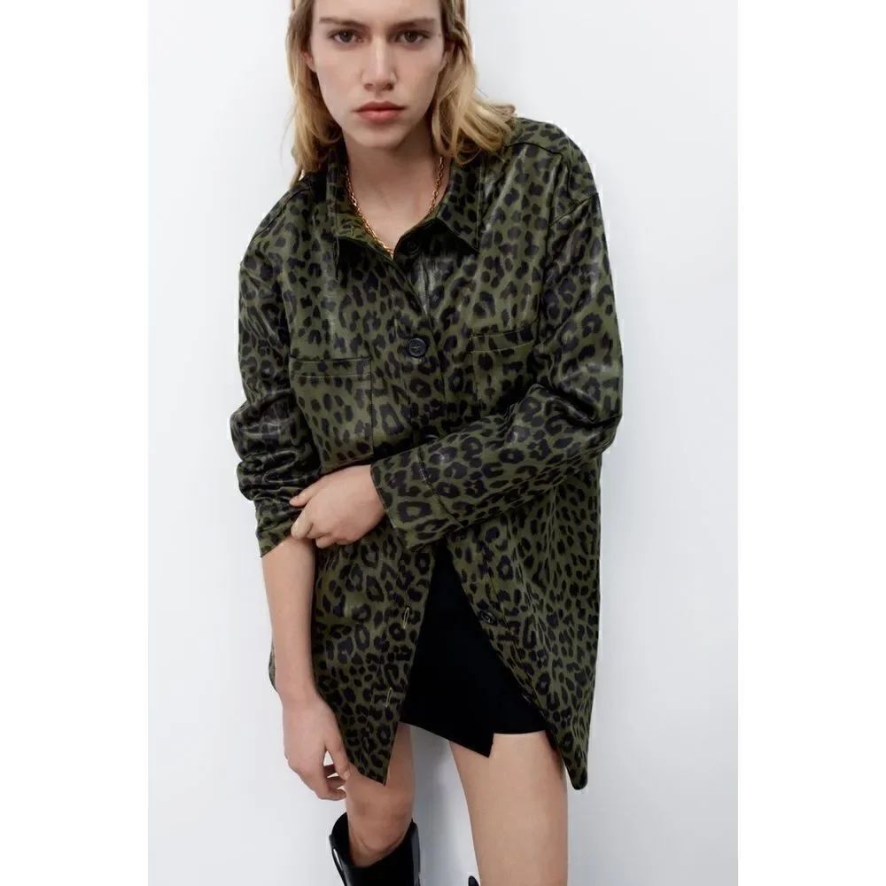 NWT Zara Animal Print Overshirt in Green & Black Leopard Print, Size Medium